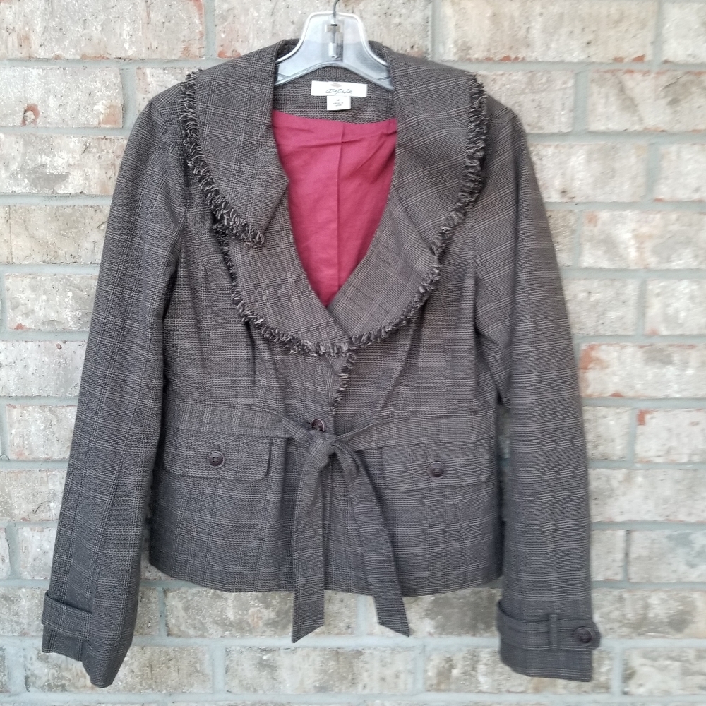 Plaid BLACK BROWN Ruffle Collar Belted Blazer (Womens Medium) Suit Jacket